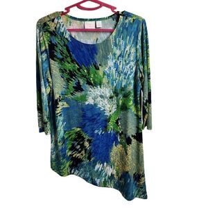 Women With Control NWOT Blue Green Burst Abstract Asymmetrical 3/4 Sleeve Top Si